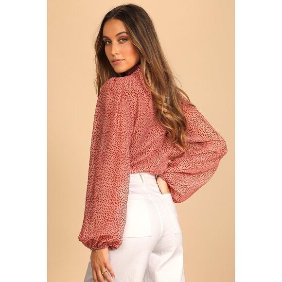 Womens Lulus Positive Influences Blush Pink Dotted Long Sleeve Button-Up Top - X - Picture 3 of 7